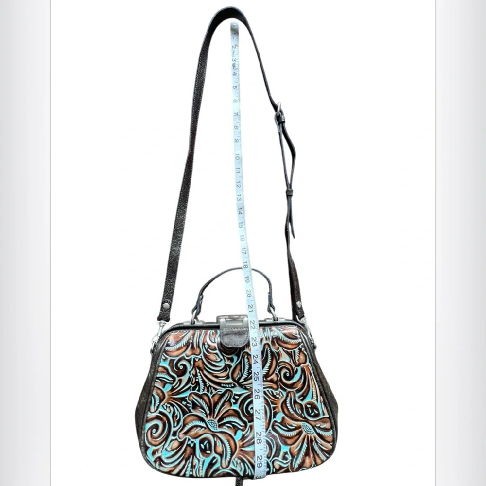Patricia Nash Turquoise Framed Gracchi Tooled Burnt Leather Crossbody Set - Picture 7 of 16